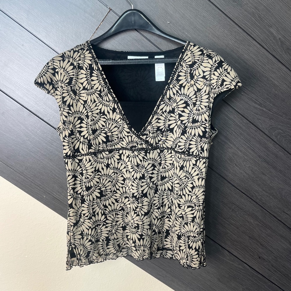 JH Collectibles Petite XL Black Beige Mesh Floral Top Cami Layered Stretch Y2K